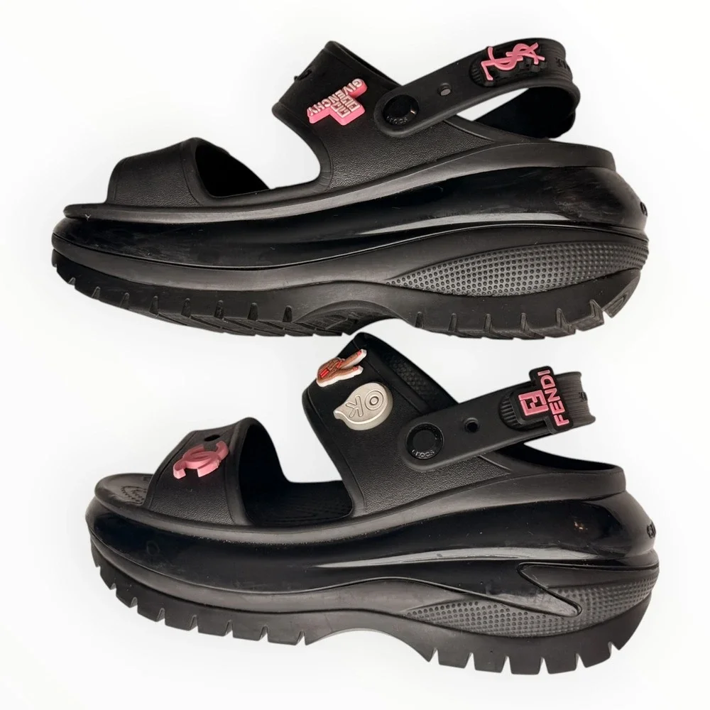 Crocs Mega Crush Sandals Black Platform Custom Designer Inspired Charms Womens 7
